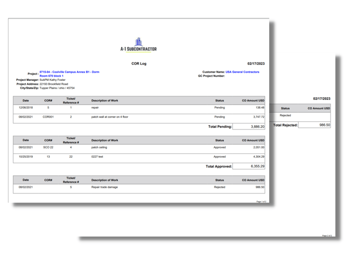 Choose to show pending, approved and/or rejected costs on your change order log