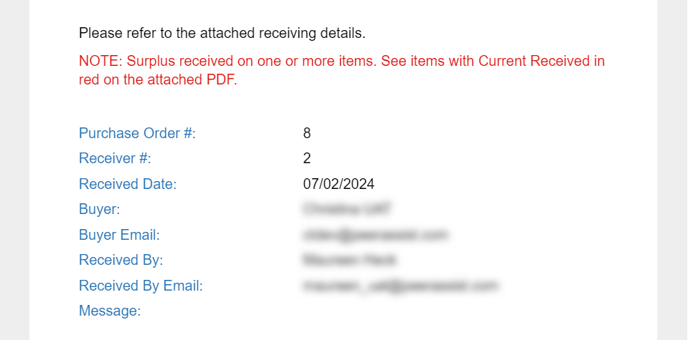 Receiver surplus email notification