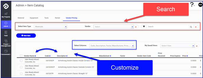 Search and customize the vendor pricing dashboard