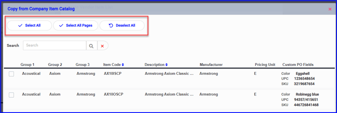 Use the checkboxes and buttons to select individual items or copy the page or all pages